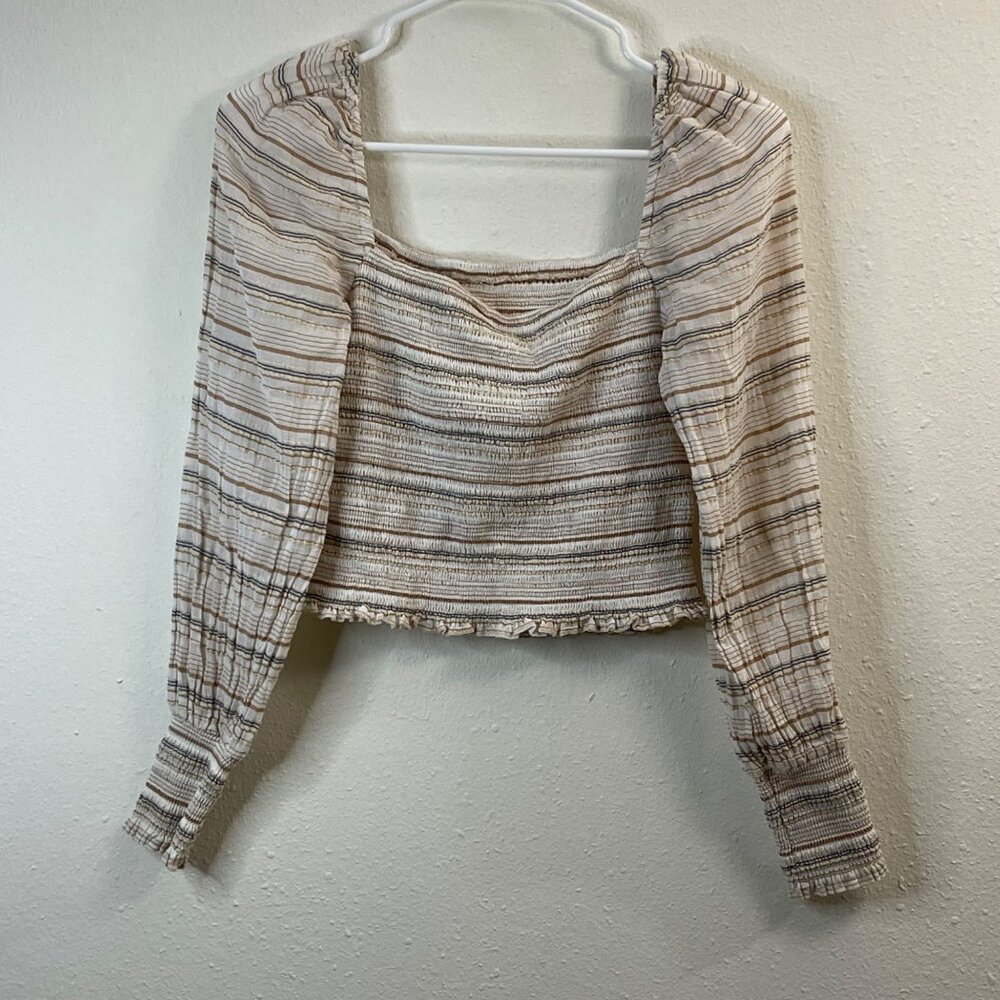 Striped Smocked Square Neck Crop Top With Long Balloon Sleeves In Neutral Stripe - Picture 5 of 13
